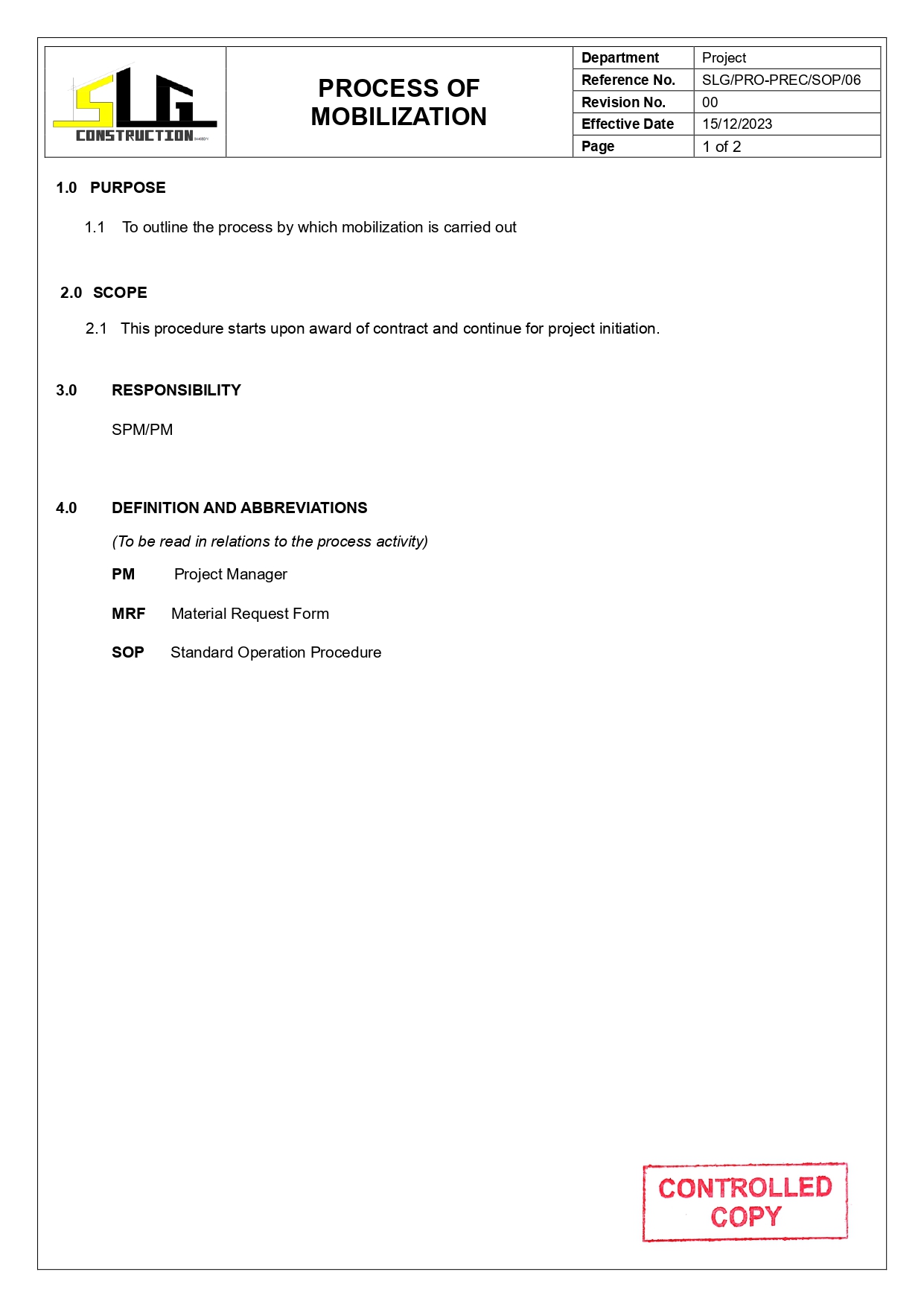 SLG-PRO-SOP Page 1